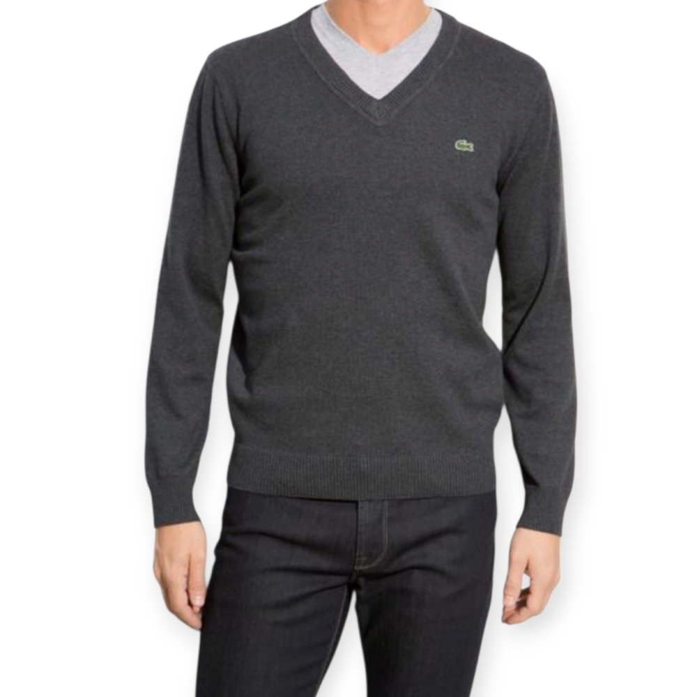 Lacoste Men's Gray V-Neck Sweater Classic Knit SZ.L-5 EUC